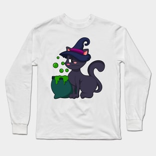 Cat as Witch with Cauldron Long Sleeve T-Shirt